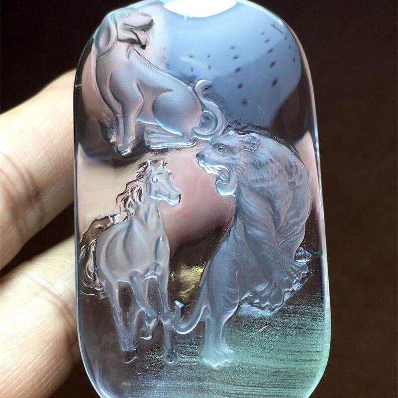 天然水晶巴西绿幽灵狗马老虎三合项链吊坠45.2克千层山翠绿透体