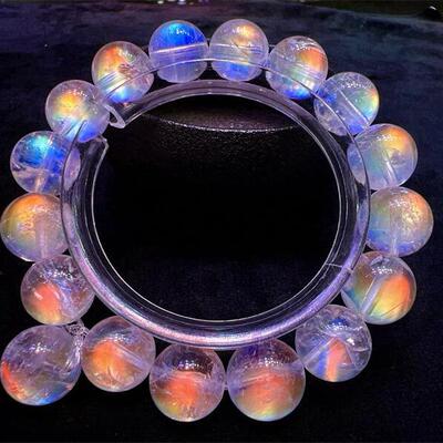 天然水晶马达加斯加幻彩月光石手链手串12.5毫米彩虹光通透体贺