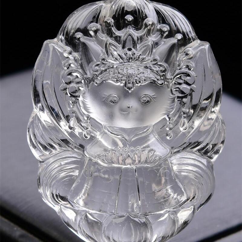 高品质大号天然巴西原矿白水晶九尾狐狸吊坠项链手工雕工74.9g即