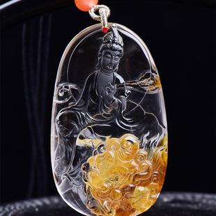 天然水晶黄胶花文殊菩萨本命佛项链吊坠39克通透体火彩凤凰焦花秀
