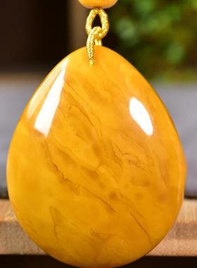 天然俄料原矿鸡油黄蜜蜡水滴女款项链吊坠32.9克妖花纹无烤色秀