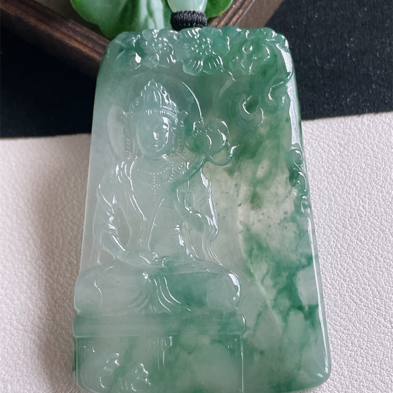 天然缅甸A货翡翠a货正品原矿冰糯种飘花大势至菩萨女款吊坠项链即