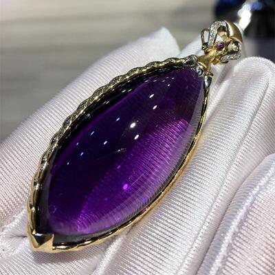 天然巴西水晶紫晶重金豪华镶嵌18k金水滴项链吊坠 26.6克收藏级速