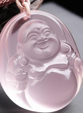 大号天然巴西粉水晶芙蓉石手工雕刻立体佛吊坠项链全净体49g即