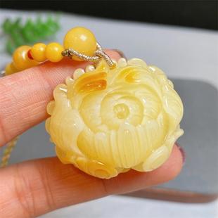 天然俄料原矿蜜蜡牡丹女款 项链吊坠17.1克无优化无烤色琥珀妖白颂
