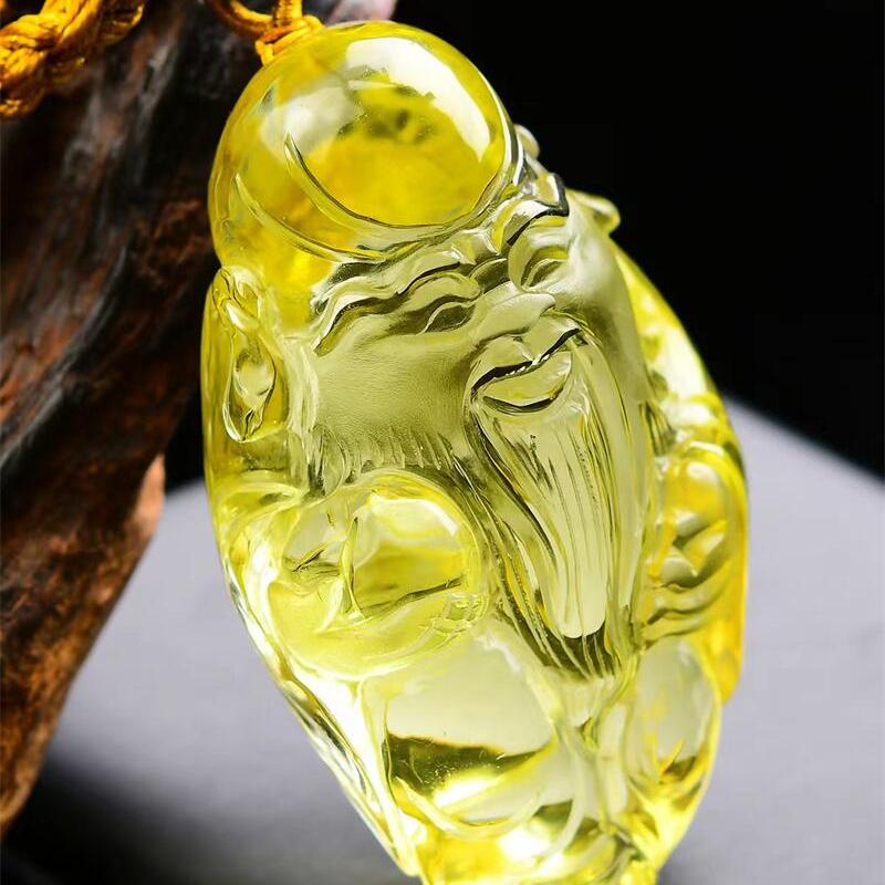 加大号天然巴西黄水晶老寿星车挂手把件两用款手工雕刻155.9g即