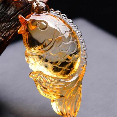 大号天然巴西黄水晶福鱼双鱼吊坠手工双面雕刻紫气东来26.3g即