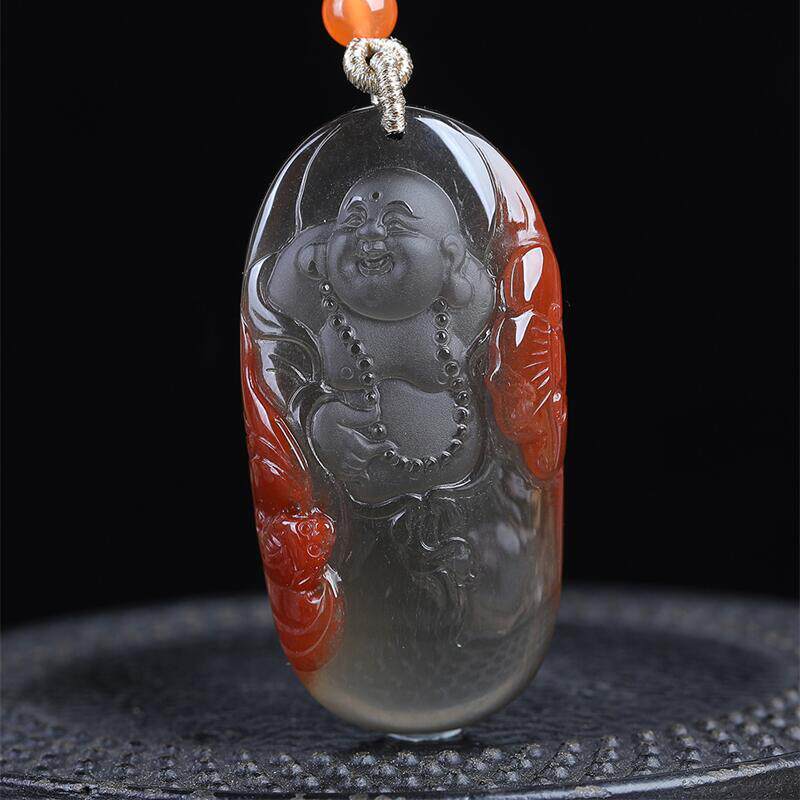 天然水晶蓝兔毛红兔毛双色大肚佛项链吊坠29.6克发晶俏色兔毛