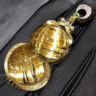 天然水晶巴西钛晶葫芦吊坠项链18k金46g金发晶板钛猫眼原矿顺发速