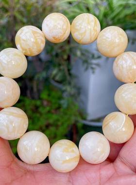 天然原矿俄料妖孽瓷白花蜜蜡17.5mm圆珠手链 重39.67克 配证wl0