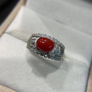 天然阿卡黑赤血珊瑚戒指s925银原色阿卡沙丁牛血红深海红科西嘉颂