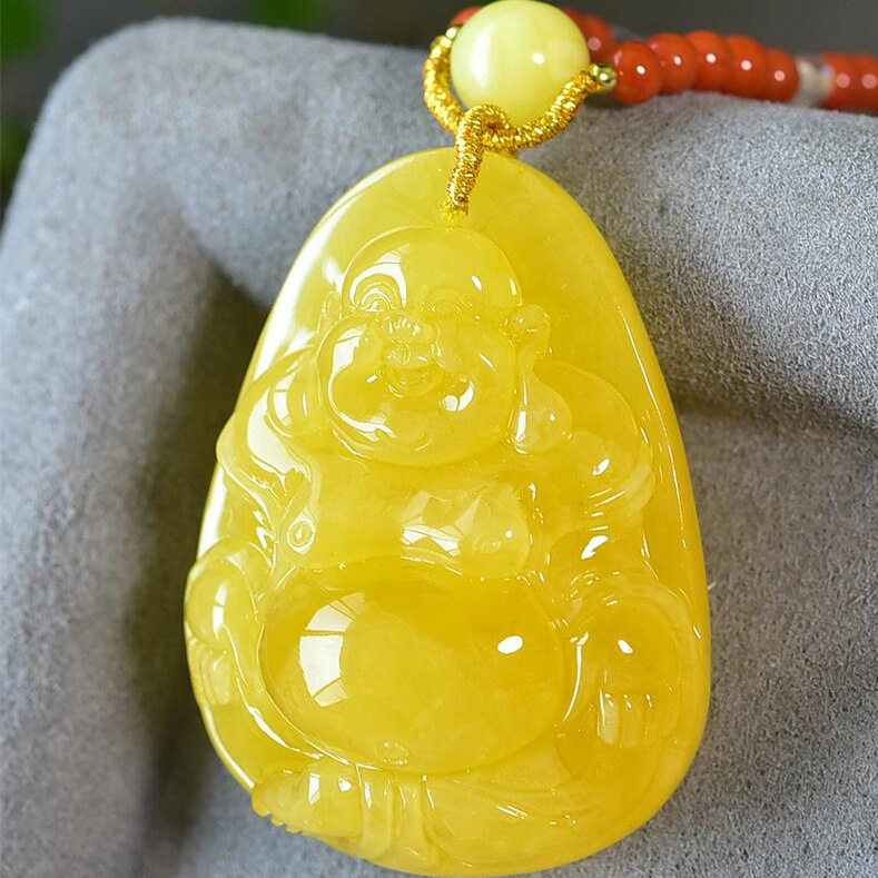 天然俄料原矿鸡油黄蜜蜡弥勒佛女款项链吊坠15克无优化无烤色