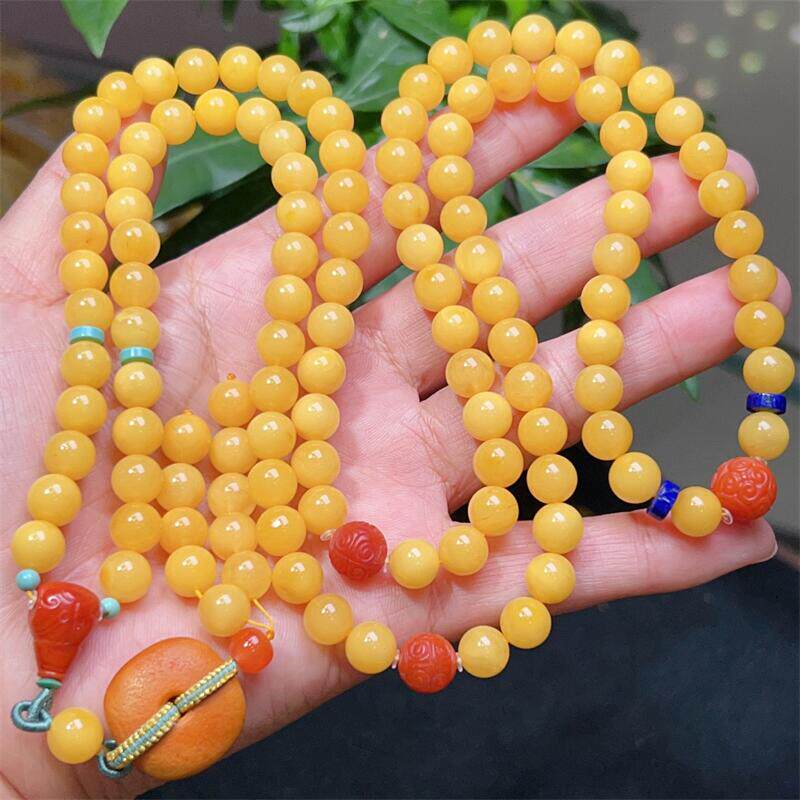 天然俄料原矿鸡油黄108颗老蜜蜡手串吊坠女款项链8.4mm无烤色