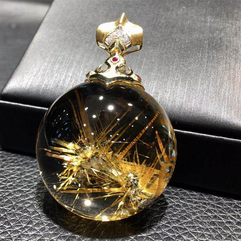 天然巴西水晶钛晶花吊坠项链32.8克透体板钛金发晶猫眼原矿速