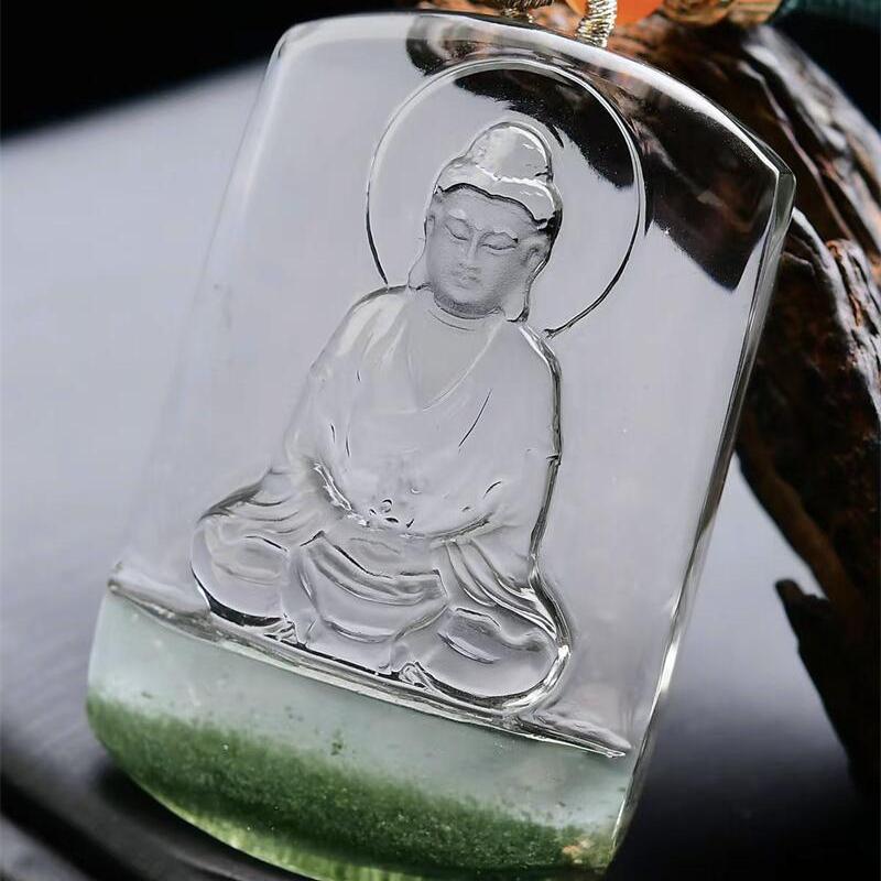 大号天然巴西绿幽灵俏色大日如来菩萨吊坠项链羊猴守护神40.5g即
