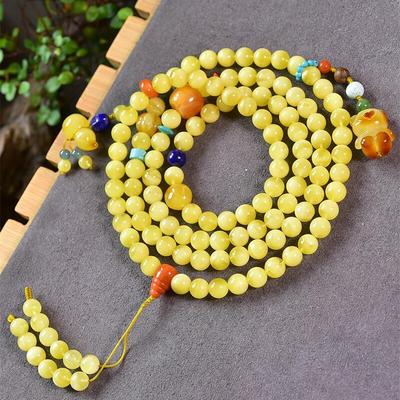 天然俄料白花蜜蜡108佛珠多圈手链手串女款项链8mm无优化无烤色秀