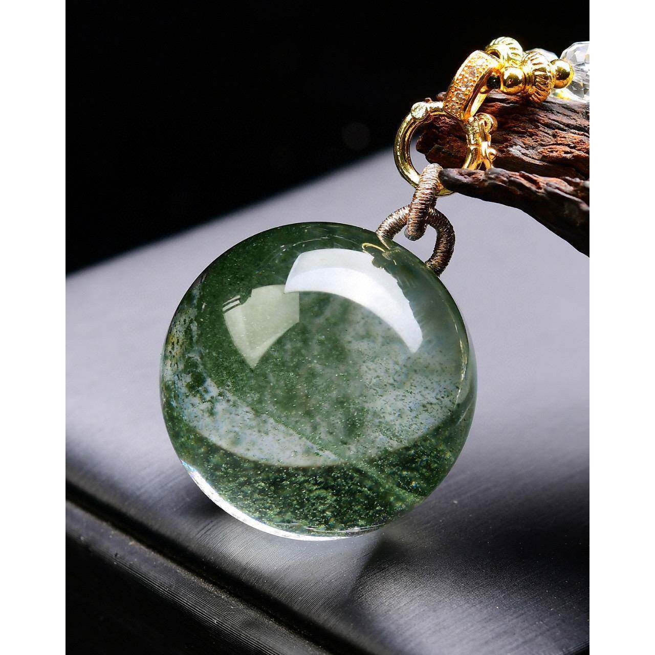 天然巴西绿幽灵金字塔千层帘聚宝盆30mm转运球吊坠项链 配证书ss0