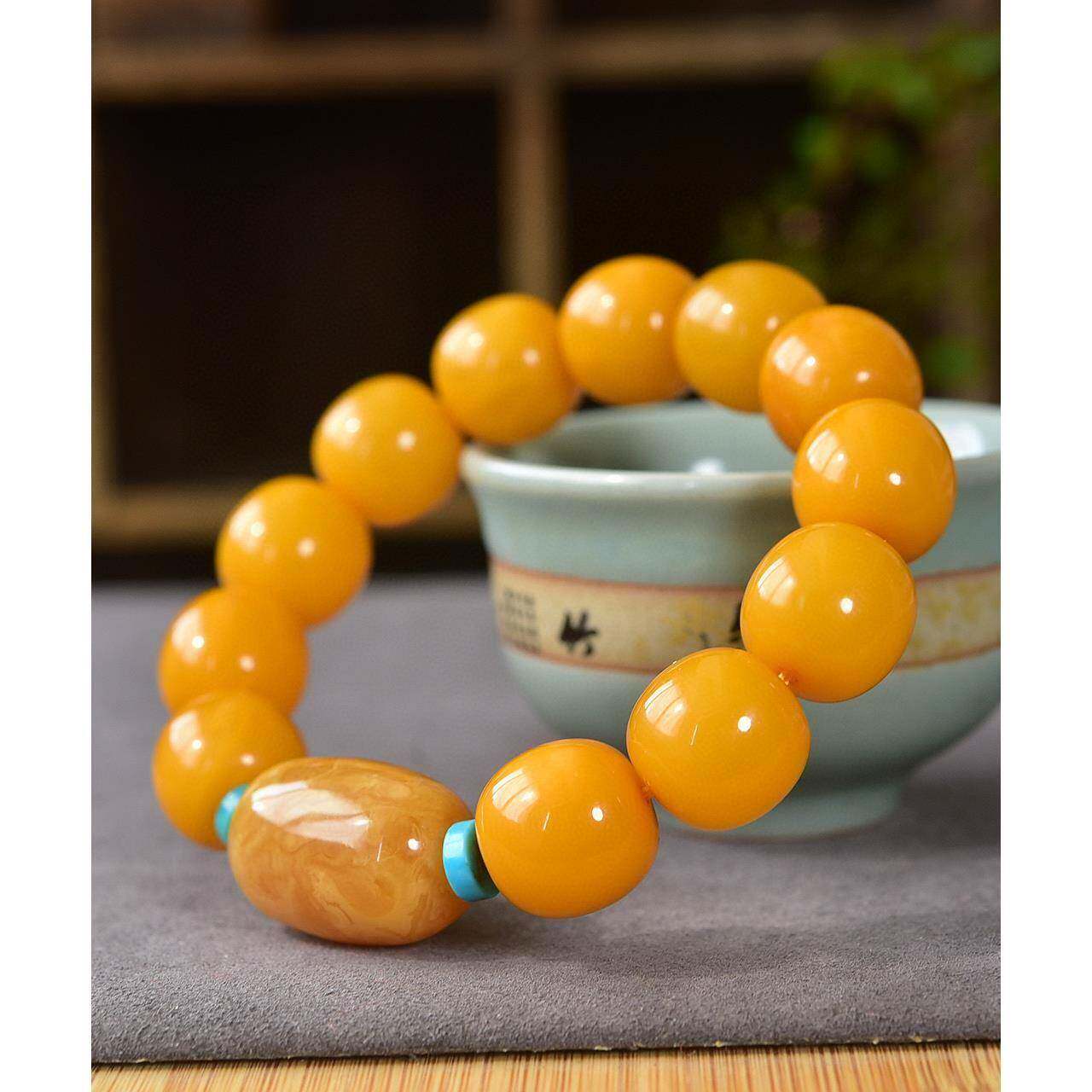 天然鸡油黄蜜蜡16mm苹果珠配枣珠手链 蜡质浓厚形态饱满重37克 dj