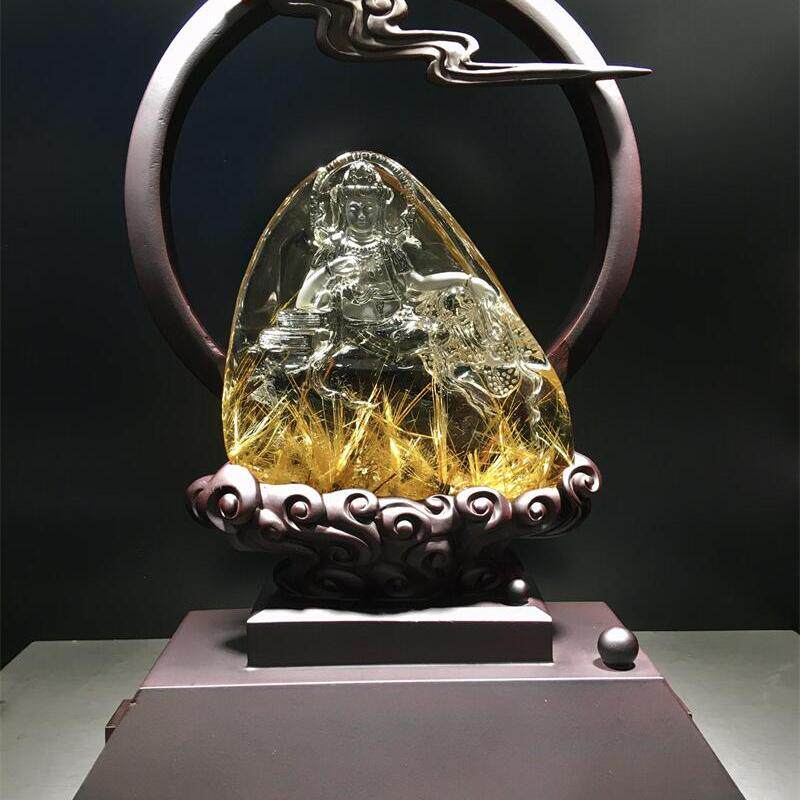 天然水晶巴西料钛晶观音大摆件513.3克金发晶猫眼原矿通透体速