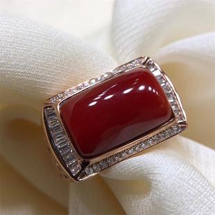 天然阿卡赤血色红珊瑚男士戒指圈口22沙丁牛血红深海红科西嘉颂