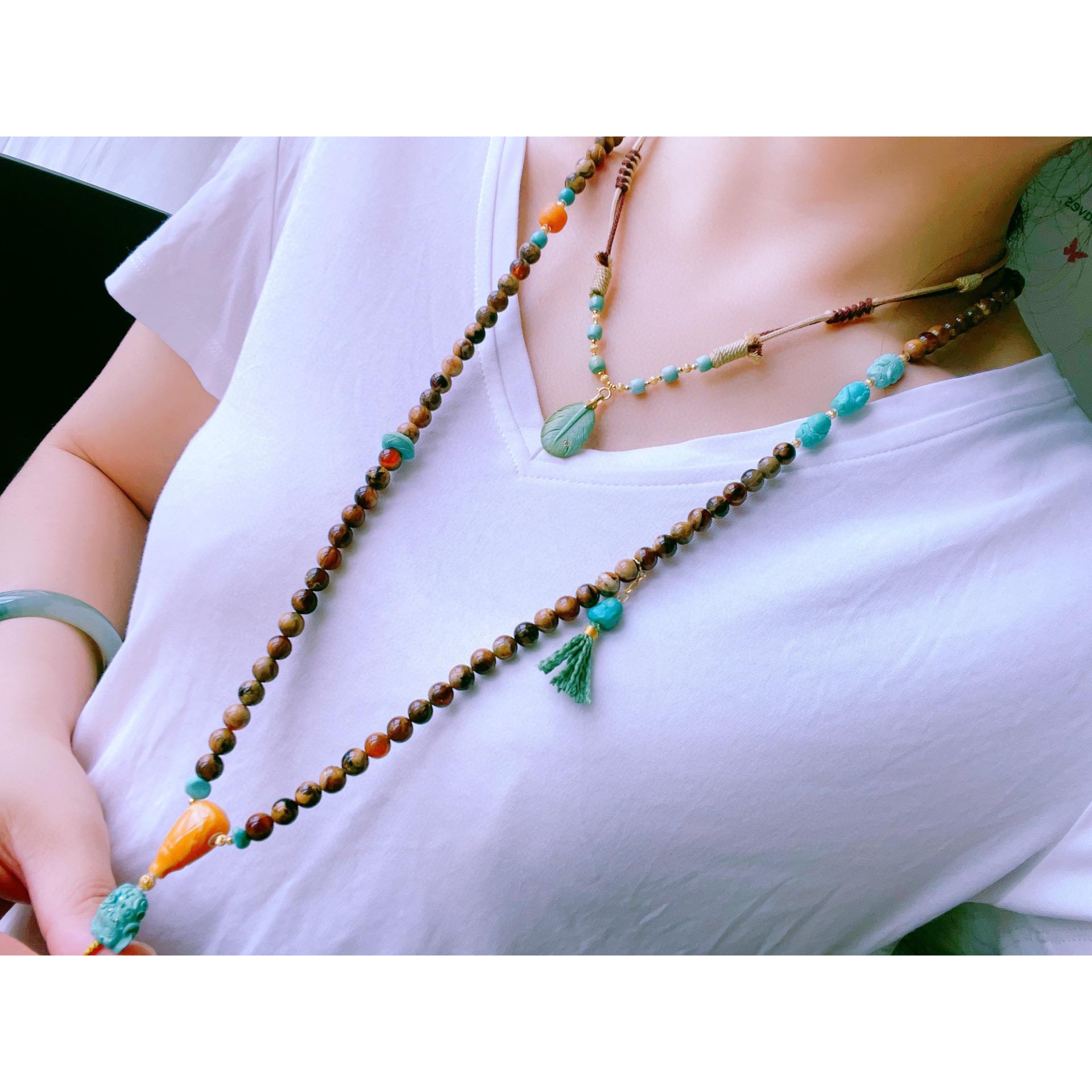 天然湖北原矿绿松石配7.2mm缅甸琥珀佛珠手链 项链18k金配饰 jd0