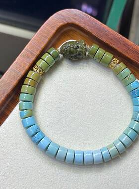 天然湖北原矿绿松石7.4mm直切手链 搭象神 18k金配饰重19.54克xh0