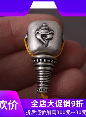 藏传925银镶嵌天珠佛头 文玩海螺三通 藏式手串配饰qbt