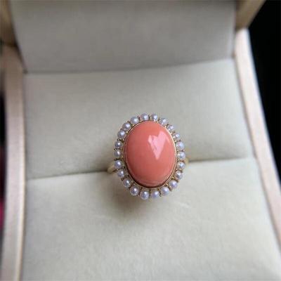 天然18k金莫莫momo珊瑚戒指原色momo有机宝石阿卡粉红颂