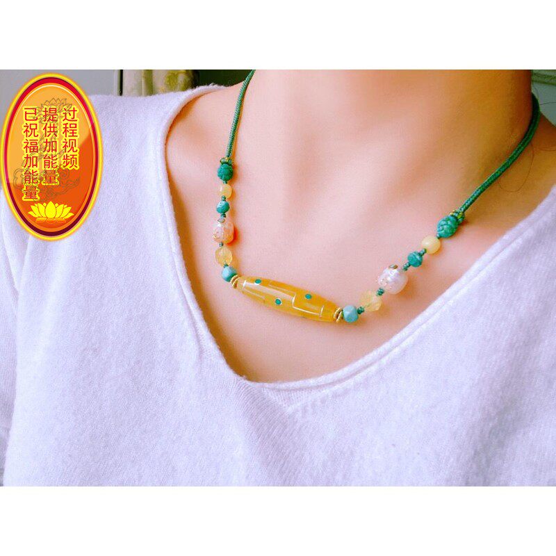 天然蜜蜡天珠锁骨链项链 银镶工艺 搭配原矿绿松石 蜜蜡 珍珠阿呆