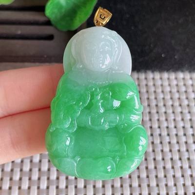 天然缅甸高端翡翠a货18k金飘绿观音菩萨吊坠xcbr
