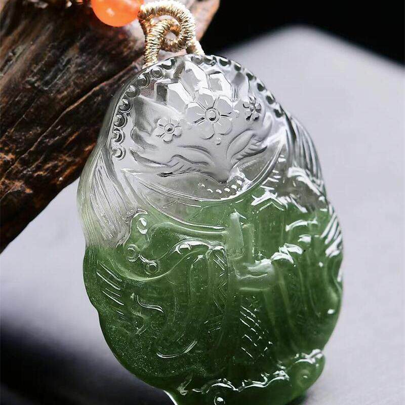 大号天然绿幽灵俏色九尾狐狸吊坠毛衣链两用款手工雕工28.3g即