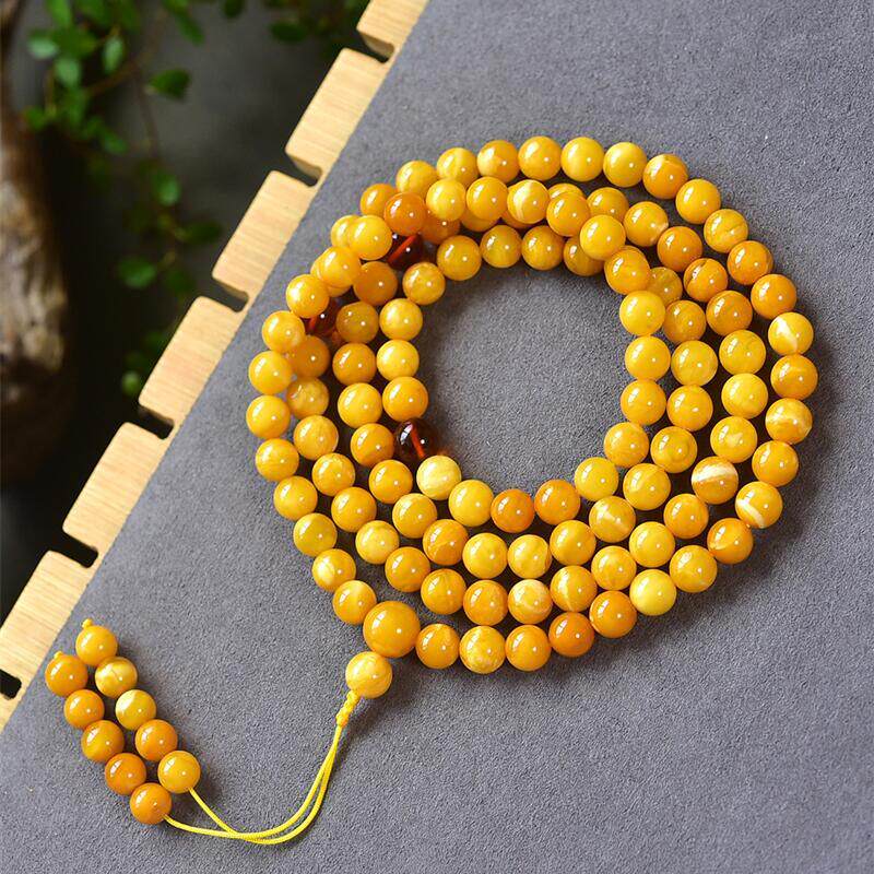 天然俄料原矿鸡油黄老花蜜蜡佛珠108粒手链手串项链7.7mm无烤色