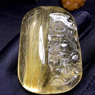 天然水晶金发晶巴西板钛晶猫眼弥勒佛钛晶吊坠项链82克原矿顺发邮