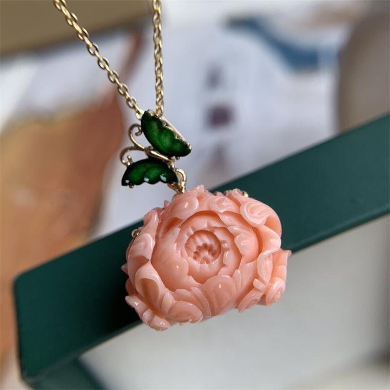 天然台湾莫莫珊瑚牡丹花项链吊坠原色momo有机宝石阿卡白粉颂