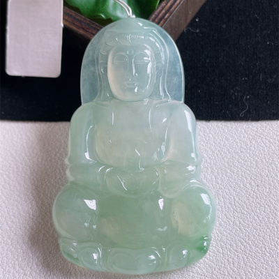 天然缅甸A货翡翠a货冰糯种正品原矿飘绿观音菩萨吊坠项链22.34g即