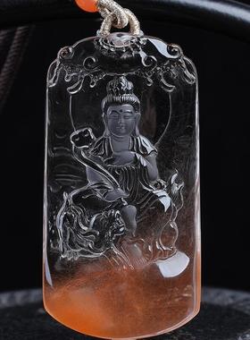 天然水晶巴西红水晶红兔毛发文殊菩萨项链吊坠41.7克聚宝盆发晶秀