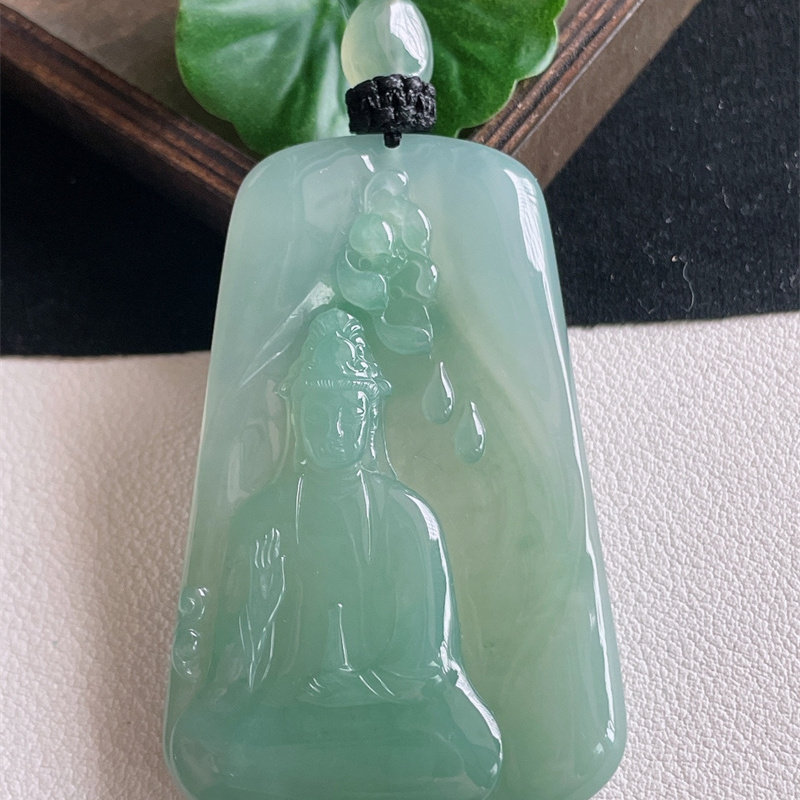 天然缅甸A货翡翠a货冰糯种原矿正品满绿观音菩萨项链吊坠34.58g即