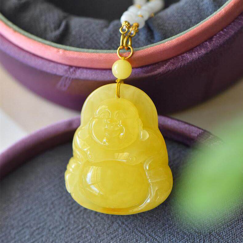 天然俄料原矿蜜蜡弥勒佛女款项链吊坠25.6克无优化无烤色琥珀