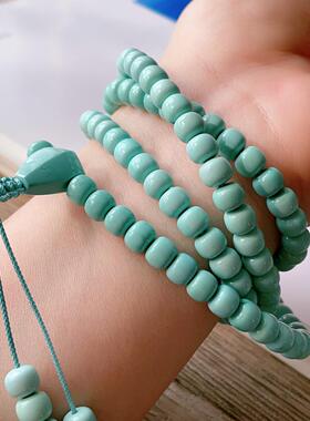 天然湖北原矿绿松石6.7mm老型佛珠长链手链 毛衣项链 重57.3克jd0
