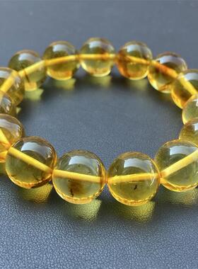 天然俄料原矿昆虫飞蚊虫珀圆珠手链手串14mm无优化无烤色琥珀速