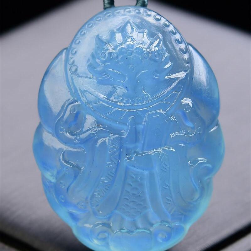 大号巴西天然补水蓝色宝石海蓝宝九尾狐狸吊坠项链手工雕工43g即