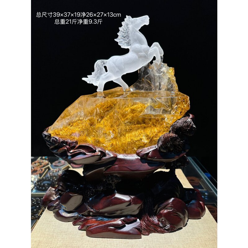 天然巴西原矿白水晶黄胶花原石手工雕刻生肖马摆件摆饰家居办公凯