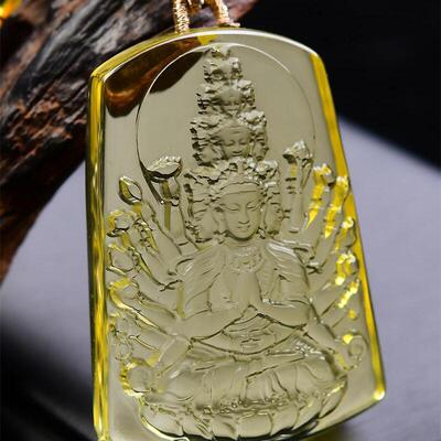 大号天然巴西黄水晶千手观音菩萨吊坠毛衣链两用款鼠守护神78g即