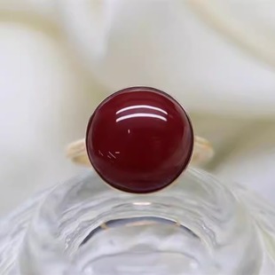 天然阿卡珊瑚深牛血圆面镶18K戒指有机宝石沙丁深海红科西嘉颂