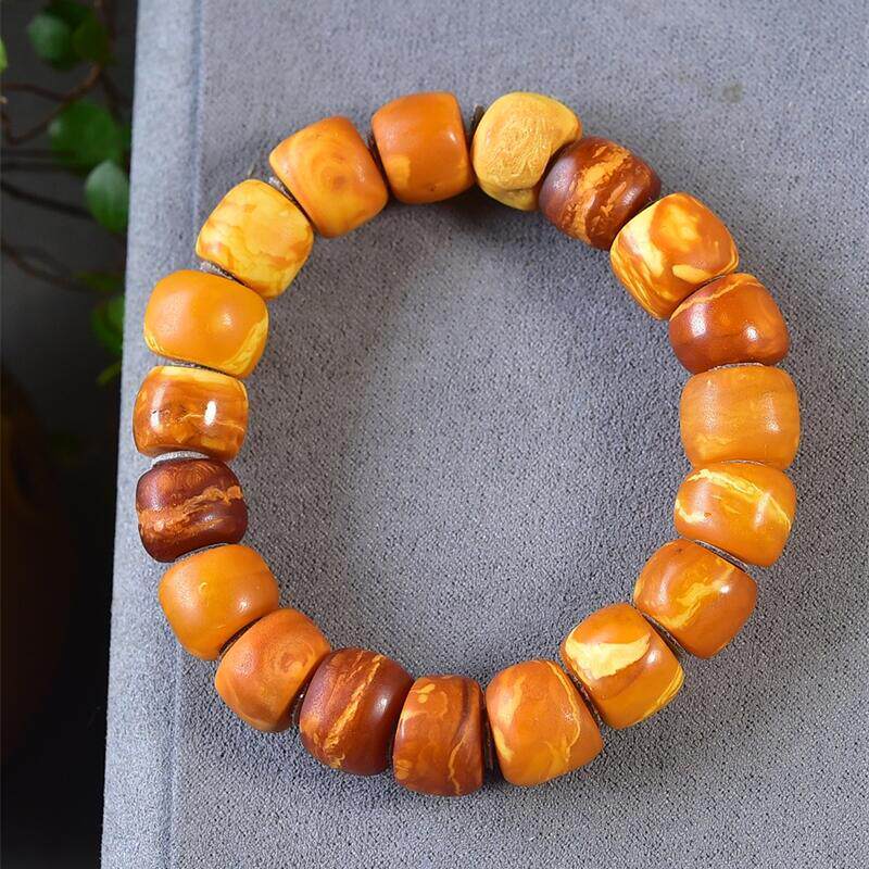 天然俄料原矿黄花古董老蜡马蹄手链手串12.5mm无优化无烤色琥珀