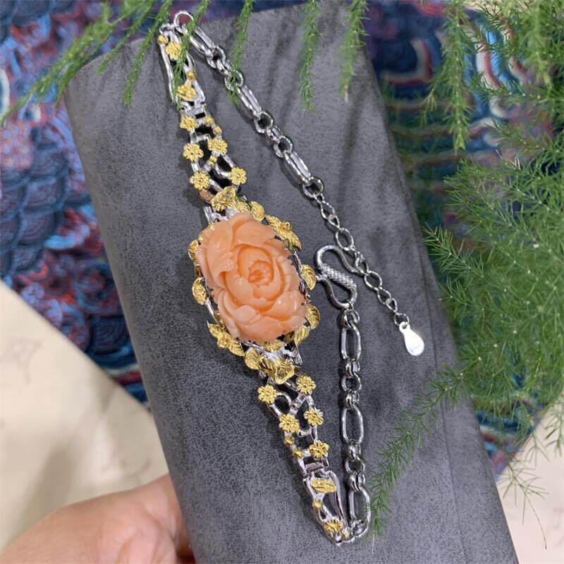 天然台湾莫莫粉珊瑚雕刻牡丹花手镯s925银momo有机宝石阿卡粉色颂