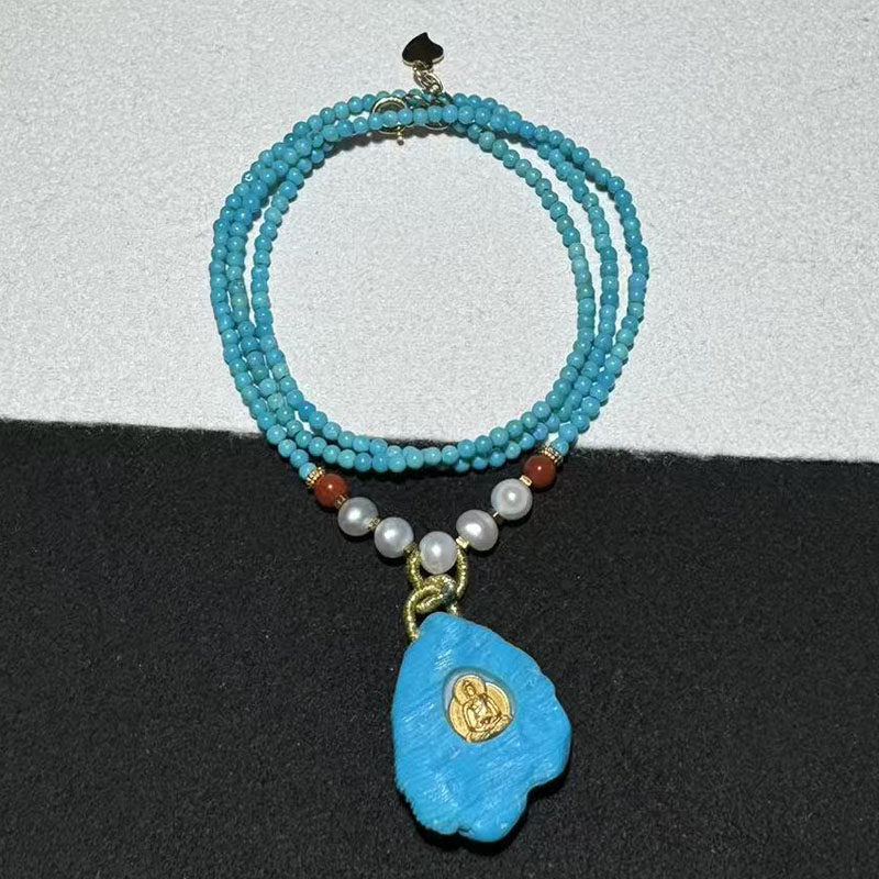 原矿高瓷蓝绿松石原石镶嵌925银佛公吊坠锁骨链坠挂件16×14×8mm