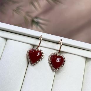天然日本阿卡珊瑚18k金爱心耳钉耳坠有机宝石阿卡沙丁深牛血红速