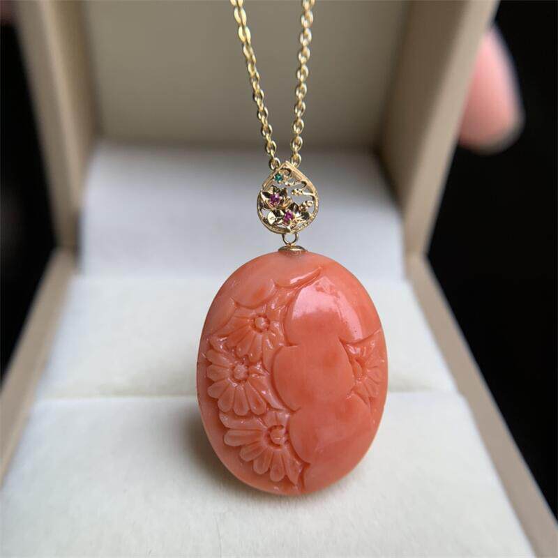 天然台湾莫莫珊瑚18k项链吊坠原色momo有机宝石阿卡粉色粉红