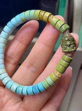 天然湖北原矿绿松石7.4mm直切手链 搭象神 18k金配饰重19.54克xh0